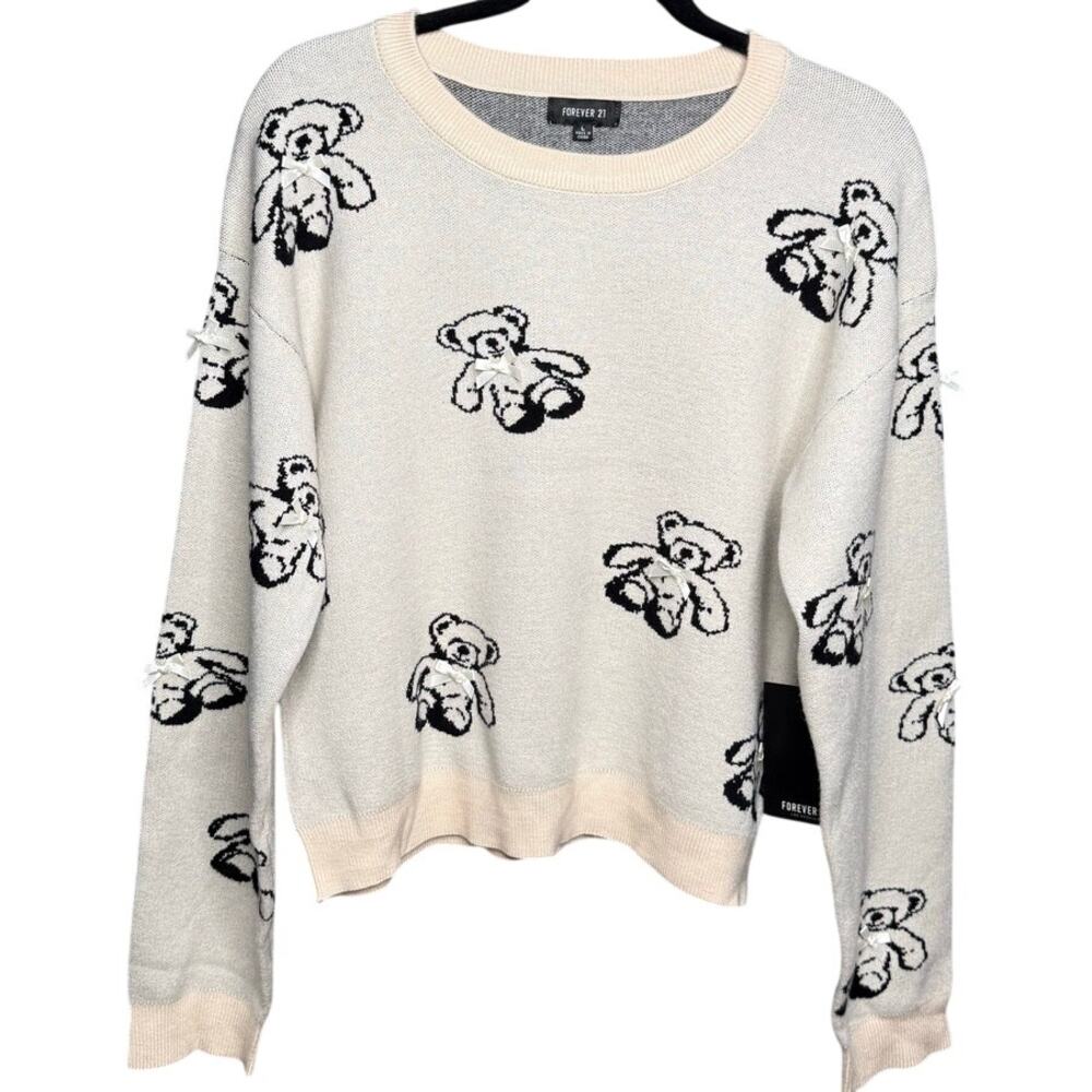 Forever 21 Teddy Bear Bow Intarsia Knit Sweater Cream Black Size Large - Picture 2 of 9